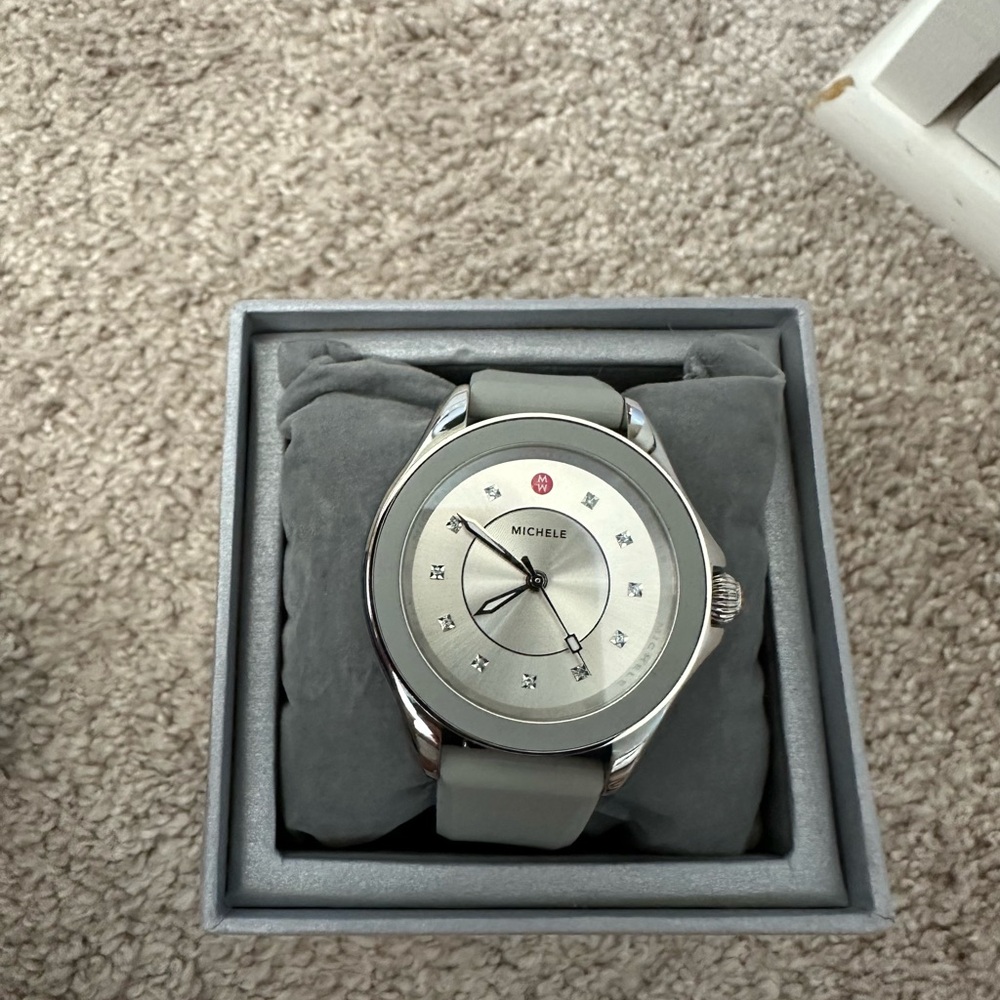 Michele Silver Watch with Gray Strap and diamonds on the face. *NEEDS BATTERY*